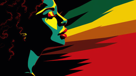 Black History Month background. African-American woman face in profile over red yellow green black colors background. Juneteenth freedom day. Racial equality, freedom, human rights dayの素材