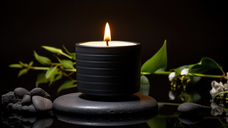 Cozy burning candle in black ceramics jar. Relax, mindfulness spa, home decor interior details, comfort conceptの素材