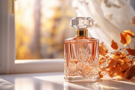 Transparent glass bottle of perfume on windowsill with colorful fall leaves background. Elegant luxury fragrance presentationの素材
