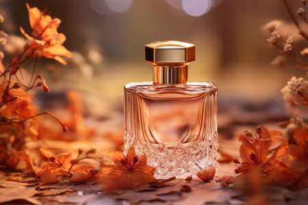 Transparent glass bottle of perfume on colorful fall leaves and autumnal flowers background. Elegant luxury fragrance presentation with golden sunlightの素材