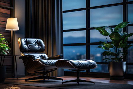 Modern luxury interior. Black comfortable leather armchair and footrest near window, potted plants, interior detailsの素材
