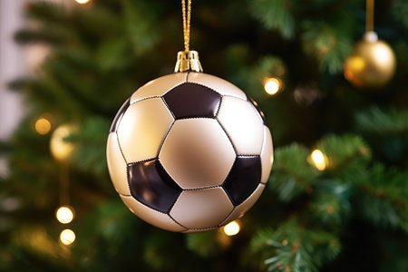 Christmas tree decoration bauble, glass soccer ball hanging on Christmas treeの素材