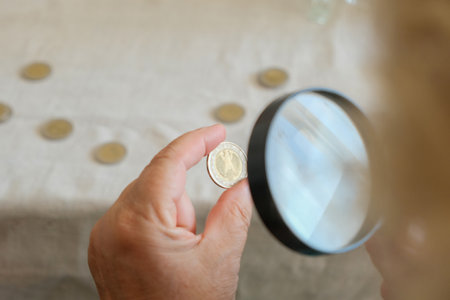 Woman with magnifying glass looking closely to 2 euro coinsの写真素材