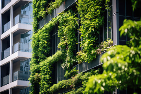 Green architecture. Skyscraper building with plants growing on facade. Vertical green plants growing on tall building wall, bringing life and beauty to the urban environment. Sustainable living wallの素材
