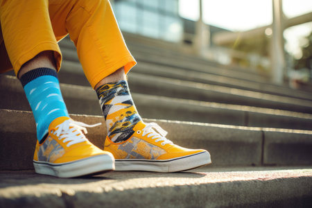 Hipster man with different pair of socks and yellow sneakers sitting on stairs outdoors. Teenager foots in mismatched socks. Odd Socks day, Anti-Bullying Week, Down syndrome awareness conceptの素材