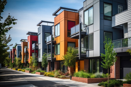 Urban city background. Street with modern townhouses, green landscaped surroundingsの素材