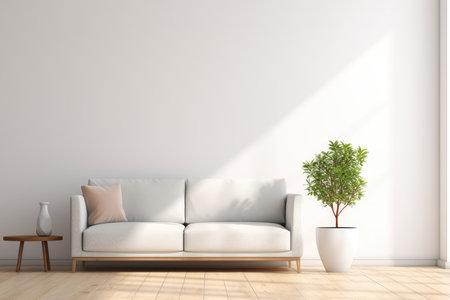 Modern interior mockup template. Light empty space with white wall, white sofa couch, wooden table and green potted plant. Sun rays entering into room from the windowの素材