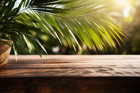 Empty wooden table top on tropic palm leaves background. Table top with copy space for product advertisingの素材