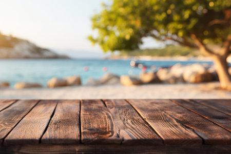 Empty wooden table top with blurred nature background. Calm sunny day in nature with sea and mountain view. Table top with copy space for product advertisingの素材