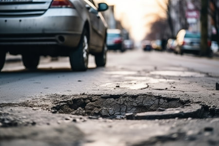 Cars drives on very poor quality street with potholes. Old damaged asphalt pavement road with potholes in cityの素材