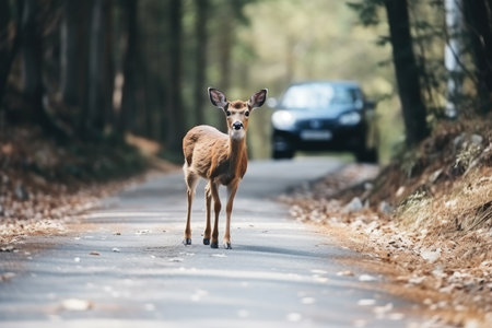 Little wild deer stands on road that cuts through forest. Road hazards, wildlife and transportの素材