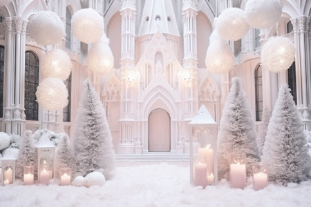 Beautiful showcase of store decorated for Christmas and New year. Festive shop window with elegant white and silver colors Xmas decorationの素材
