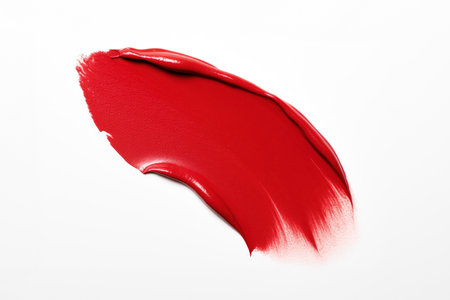 Red lipstick smear isolated on white background. Red color cosmetic product brush stroke swipe sample. Beauty makeup product texture. Top viewの素材