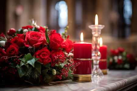 Church decorated for Christmas. Beautiful Christmas setting in church with burning candles, red roses and green thorn branchesの素材
