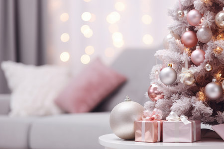 Christmas home decorations to spread holiday cheer. Modern interior of white living room with Christmas tree, present gift boxes and decorationsの素材