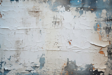 White blue gray peeling painted wall. Old building wall with cracked flaking paint. Weathered rough painted surface cracks and peelingの素材