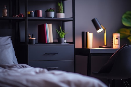 Interior of modern teenager or young person room with black furniture, shelf, desk, bedの素材