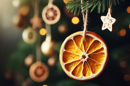 Zero waste Christmas. Christmas tree decorated with wooden decorations, slices of dried oranges and conesの素材