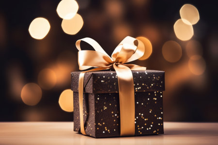 Christmas, New Year festive background. Black elegant Christmas present gift box with golden ribbon on festive bokeh backgroundの素材