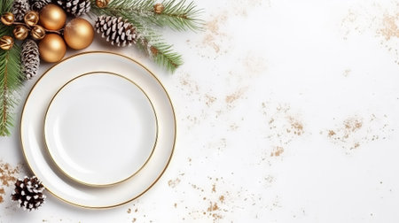 Top view to empty white plate with Christmas decorations on white marble table. Christmas, New Year backgroundの素材
