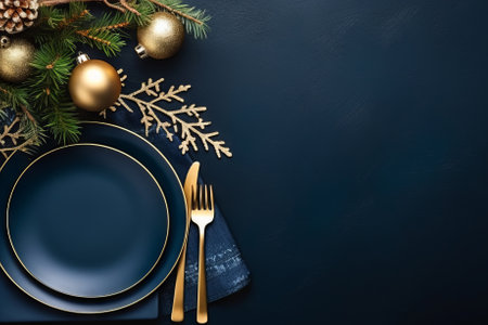 Festive place setting for Christmas eve, New year dinner. Top view to empty plates and gold cutlery on navy blue background with Christmas decorations. Tableware, crockery, mockup templateの素材