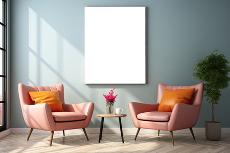 Stylish room interior of modern apartment with window, two pink chairs, table, potted plant and mockup of blank white vertical canvas picture poster frame on the wall. Modern home interior designの素材