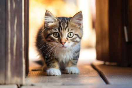 Sad abandoned hungry kitten with sad look sitting in the street. Dirty little stray kitty cat outdoorsの素材
