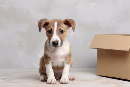 Sad dog sitting next to empty cardboard box. Donation, charity, pets adoption, shelter, rescue, help for petsの素材