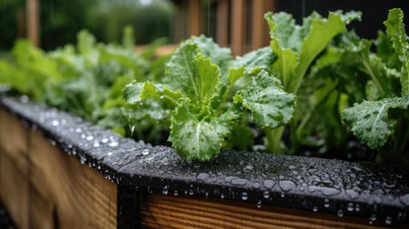 Raindrops on fresh green leaves of growing lettuce plants in wooden raided beds. Community, urban rooftop gardenの素材