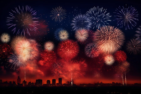 Mesmerizing firework display over big city against a night sky, capturing the excitement and festive spirit of celebrations, anniversaryの素材
