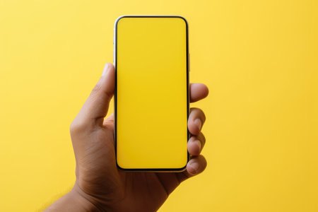 Man holding smartphone with blank screen on yellow background. Closeup of hand with cell phone. Mockup phone screenの素材