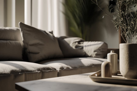 A cozy and stylish living room interior. Couch sofa with linen cushions in pastel neutral colors next to window with white curtains and streams of natural light creates a warm atmosphereの素材
