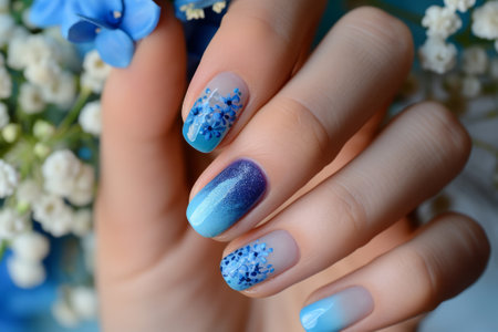 Female hands with blue nail design. Woman hands with trendy polish manicure on background with spring flowersの素材