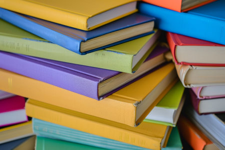 Pile of colorful books. Education, self-learning, book swap, library, hobby, relax timeの素材