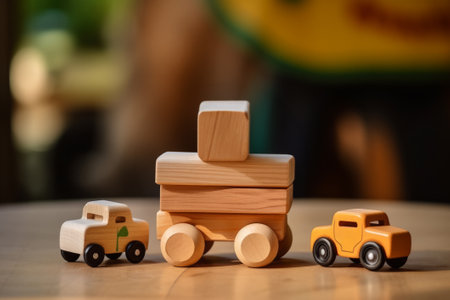 Wooden toy cars with wood blocks on table. Montessori toys for children. Eco friendly plastic free toys for toddlerの素材