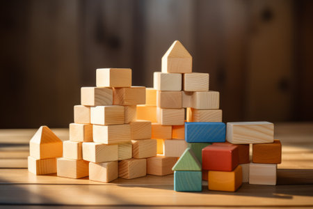Pile of toy wooden blocks on table. Montessori toys backgroundの素材