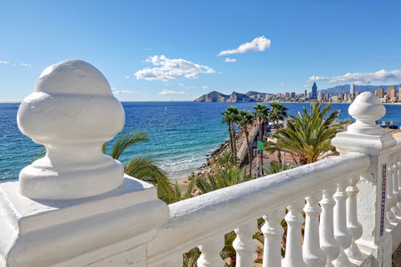 Beautiful view to Mediterranean Sea and Benidorm resort city with beaches. Benidorm, Alicante province, Spainの写真素材
