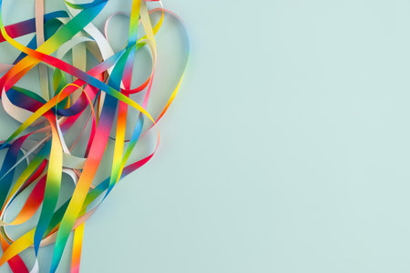 Abstract frame with multiple rainbow satin ribbons scattered in irregular pattern, gently twisted, curling and looping on light blue background. Top view.の写真素材
