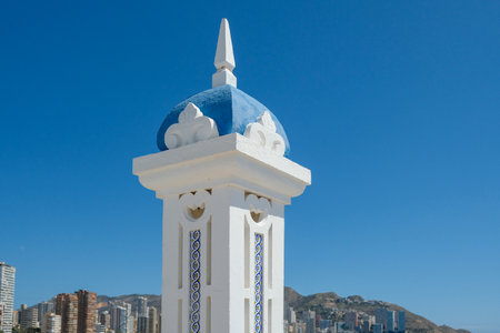 White column at the Balcon del Mediterraneo with Benidorm city, natural Siera Helada park and and blue sky in backgroundの写真素材