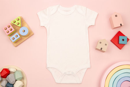 White baby grow bodysuit and natural wooden educational toys on a pink background. Mockup template of newborn onesie. Top view, flat layの写真素材