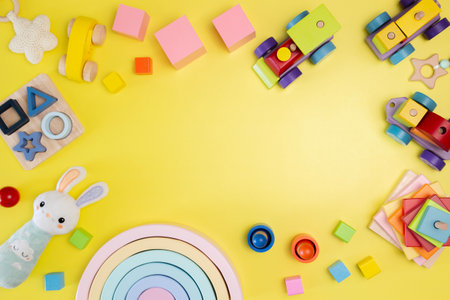 Montessori toys for toddlers on yellow background. Natural wooden educational toys including stacking shape sorter, pyramid, train, building blocks, sensory toys for children. Top view, flat layの写真素材