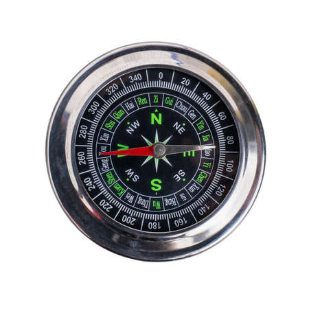 Hand holding a compass ready for a holiday adventure travel it shows direction north south east west in white background.の写真素材