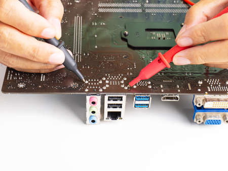 Use a power probe to check the computer motherboard for damage. The red wire is used to detect the...