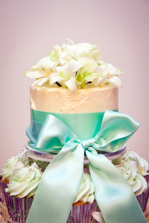 Pastel Cupcake Wedding Cake and Ribbons Detailの写真素材