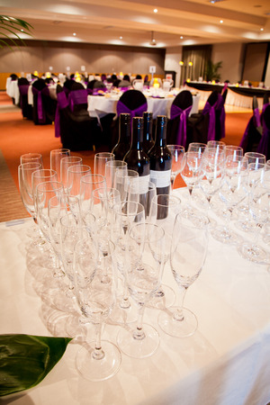 Wine Glasses set out at a Wedding Functionの写真素材