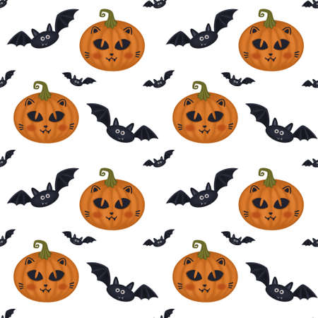 Seamless patten helouni orange pumpkins in the shape of a cat and batsの写真素材