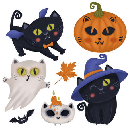 a set of illustrations for Halloween with black cats, pumpkins and ghostsの写真素材
