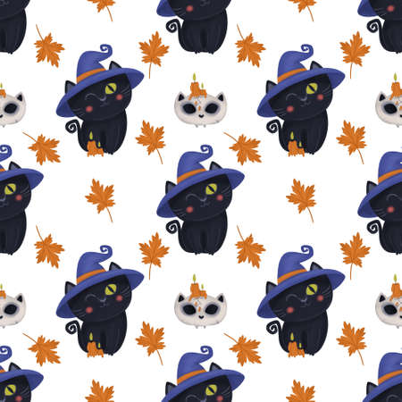seamless pattern with a black cat in a witchs hat and autumn leavesの写真素材