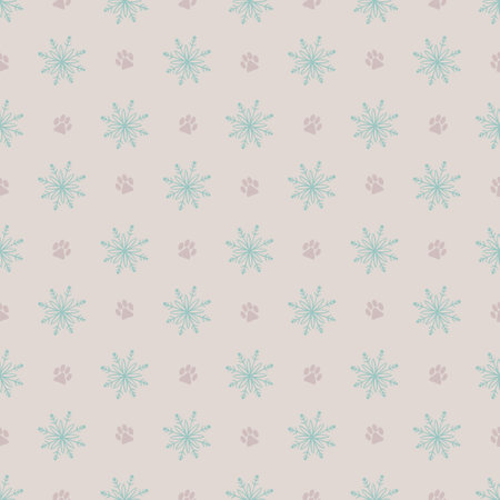 Seamless snowflake pattern and paw prints on a light backgroundの写真素材