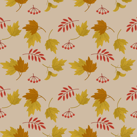 Seamless pattern of yellow maple leaves and berries on a light backgroundの写真素材